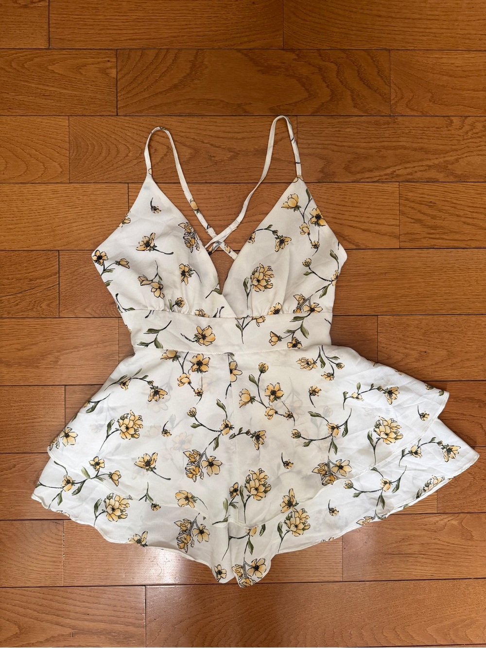 White Floral V-Neck Romper with Yellow Blooms